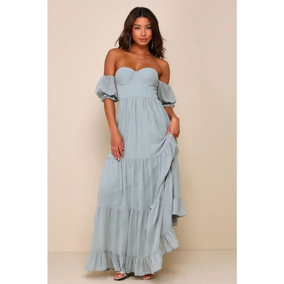 Lulu's Dresses & Skirts - Lulus Exceptionally Gorgeous Sage Chiffon Off-the-Shoulder Maxi Dress Size XL NW